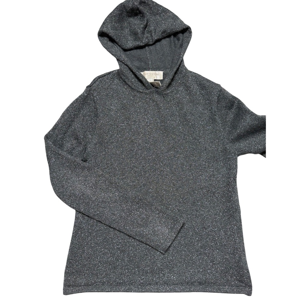 Jones New York Sport Mohair Wool Blend Metallic Knit Hoodie Grey Silver Large